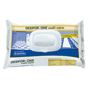 Packung mit 100 DESIFOR ONE Multi-Wipes für die hygienische Reinigung von Oberflächen.