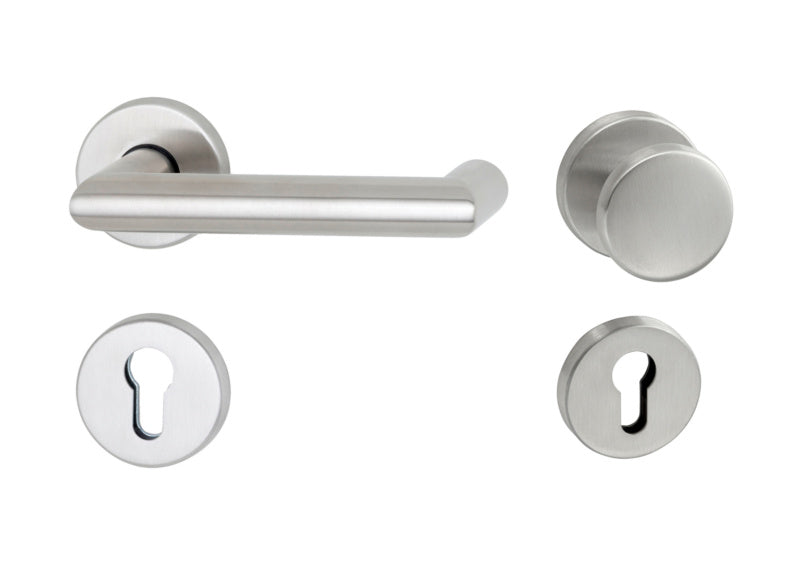 Edelstahl-Türdrücker für Brandschutz- und Paniktüren mit FS-CLICK-Montagesystem.