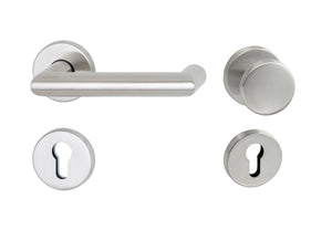 Edelstahl-Türdrücker in mattem Finish, ergonomisch geformt für Links- und Rechtsanschläge.