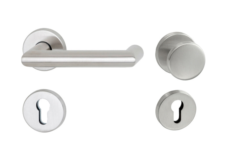 Mattierter Edelstahl-Türdrücker für Links- und Rechtstüren im Objektbereich, ergonomisch gestaltet.