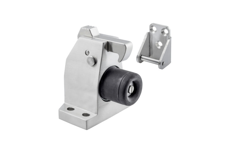 Silberner Türfeststeller aus Aluminium zum sicheren Offenhalten von Türen, wand- und bodenmontierbar.