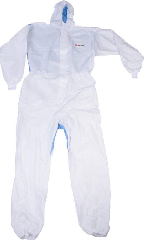 Weißer Einweg-Schutzanzug mit Kapuze, elastischen Bündchen und atmungsaktivem Material.