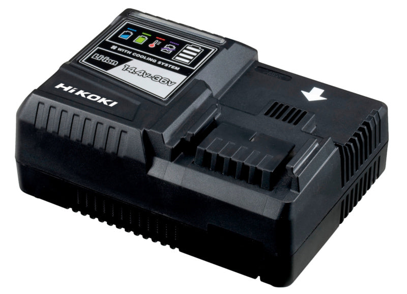 Kompaktes Ladegerät für Akku-Maschinen mit LED-Anzeige und USB-Anschluss in Schwarz.