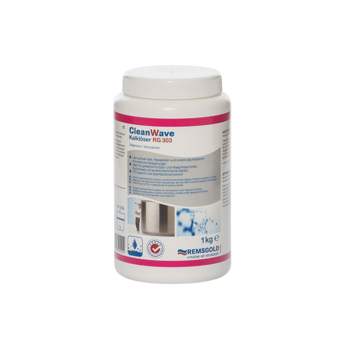 Pulverförmiger Kalklöser in einer 1kg Dose, ideal zur Entfernung von Kalkablagerungen.