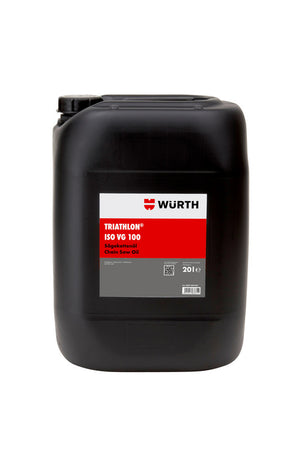 Sägekettenöl-MOTOROEL in einer transparenten Flasche mit gelbem Inhalt und Dosiersystem.