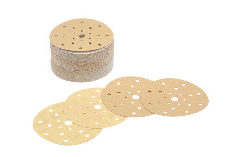 Schleifpapierscheiben-Set mit 150 mm Durchmesser, Klettverschluss und Multiloch für Staubabsaugung