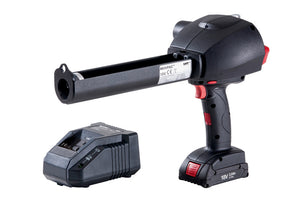 A cordless cartridge dispensing gun with a sturdy handle and nozzle for precise application.