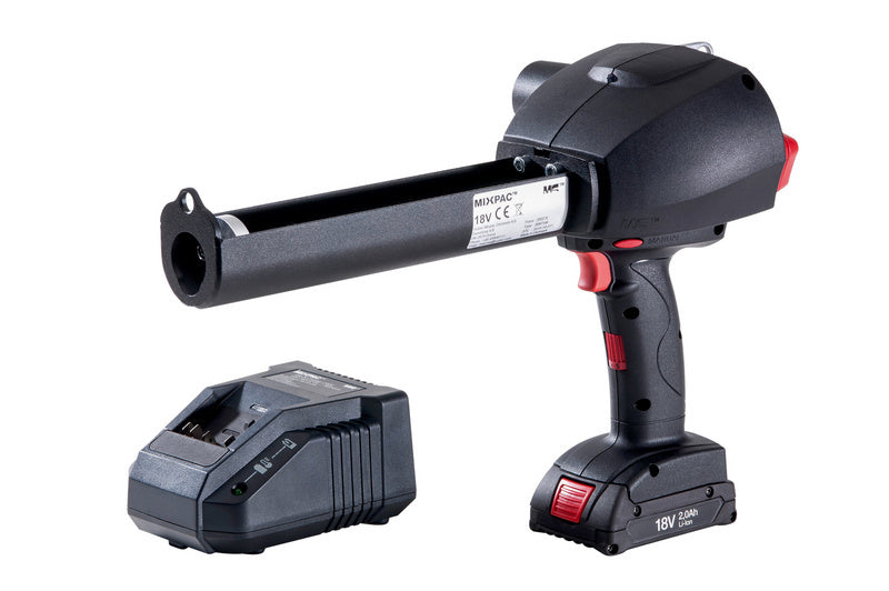 A cordless cartridge dispensing gun with a sturdy handle and nozzle for precise application.