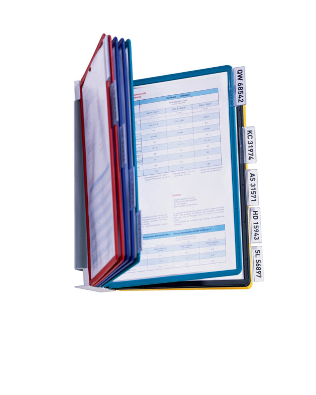Dokumentenhalter mit zehn transparenten Fächern zur Wandmontage für Dokumente und Pläne.