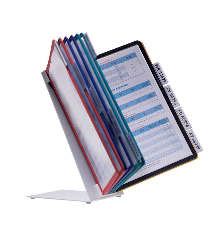 Dokumentenhalter mit 10 transparenten, robusten Sichttafeln zur Tisch- oder Wandmontage.