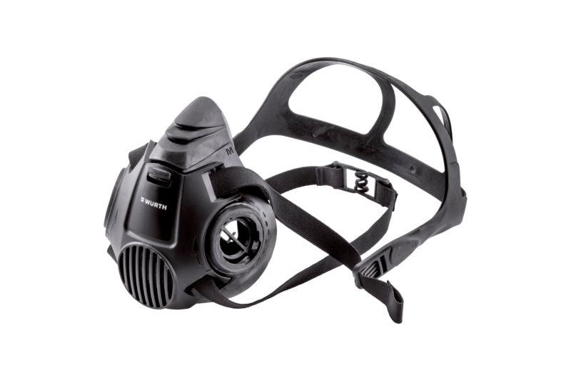 Schwarze wiederverwendbare Halbmaske mit verstellbarem Nasenbügel und ergonomischem Schnitt.