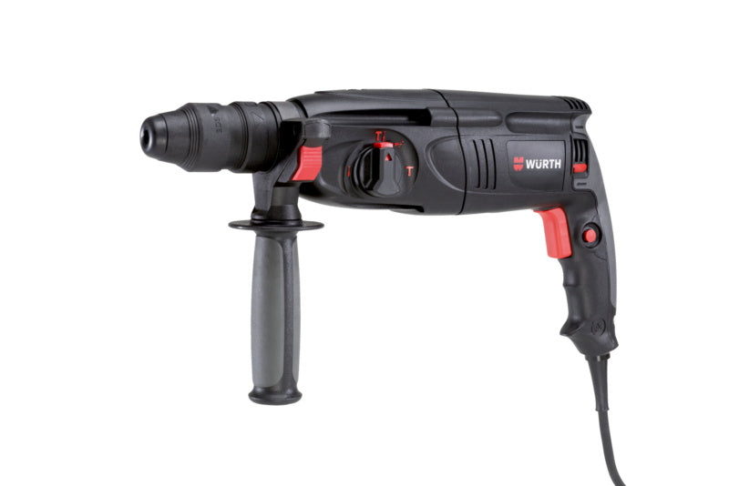 Bohrhammer Elektro BOHAM mit gummiertem Griff, Zusatzhandgriff und robustem Koffer.