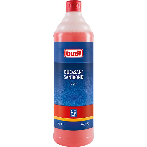 1L Flasche Bucasan Sanibond Desinfektionslösung mit roter Flüssigkeit.