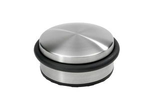 Mattierter Edelstahl Türstopper mit 105 mm Durchmesser und rutschfester Unterseite.