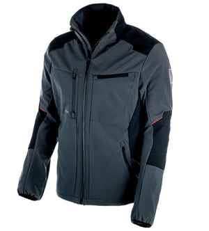 Anthrazitfarbene Softshelljacke mit durchgehendem Reißverschluss und praktischen Taschen.