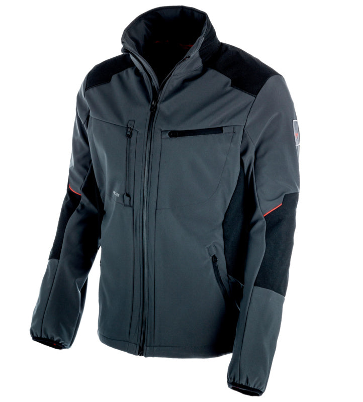 Anthrazitfarbene Softshelljacke mit durchgehendem Reißverschluss und praktischen Taschen.