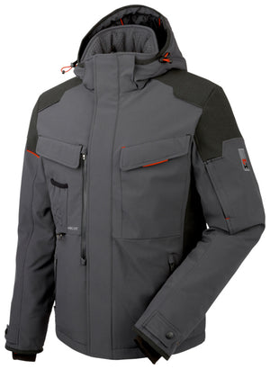 Graue Softshell-Winterjacke mit Kapuze, Reißverschlüssen und elastischen Bündchen.