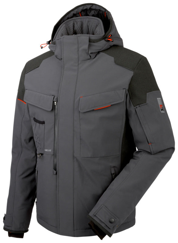 Graue Softshell-Winterjacke mit Kapuze, Reißverschlüssen und elastischen Bündchen.