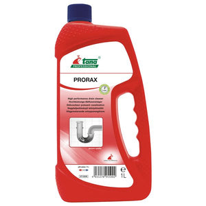 Rote Flasche Prorax Hochleistungs-Abflussreiniger mit 1L Inhalt.