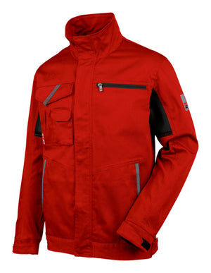 Rote Stretchjacke mit praktischen Taschen und verstellbarer Kapuze für Komfort und Stil.