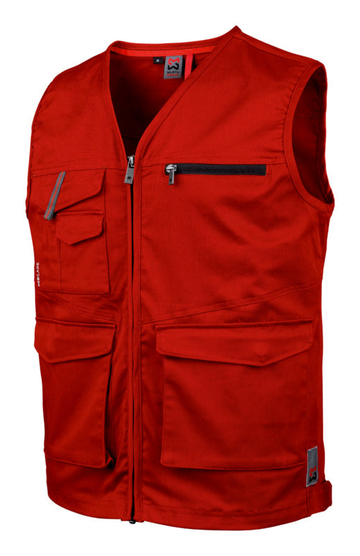 Rote Arbeitsweste mit Stretchstoff, Reflexstreifen und mehreren Taschen für Werkzeug und Zubehör.