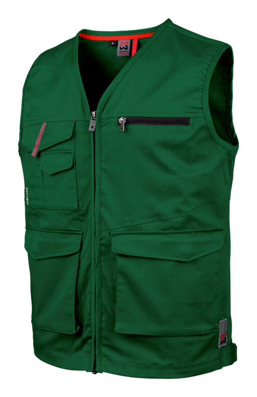 Grüne Arbeitsweste aus Stretchmaterial mit mehreren Taschen und robusten Reißverschlüssen.