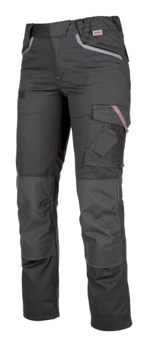 Anthrazitfarbene Damen-Arbeitshose mit elastischem Bund und praktischen Taschen.