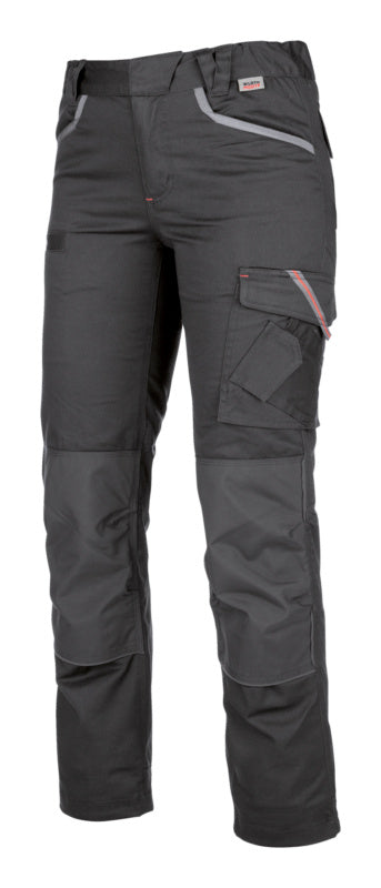 Anthrazitfarbene Damen-Arbeitshose mit elastischem Bund und praktischen Taschen.