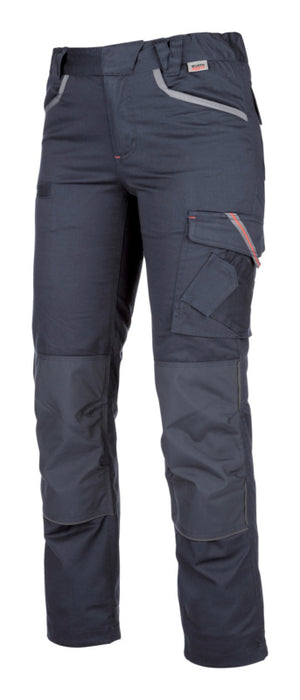 Dunkelblaue Damen-Arbeitshose mit Stretchmaterial und mehreren praktischen Taschen.