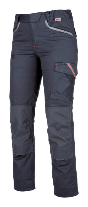 Dunkelblaue Damen-Arbeitshose mit Stretchmaterial und mehreren praktischen Taschen.