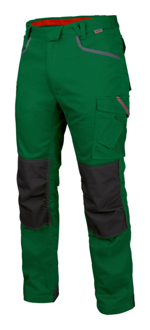 Grüne Arbeitshose-Bundhose Stretch X mit praktischen Taschen und dehnbarem Material.