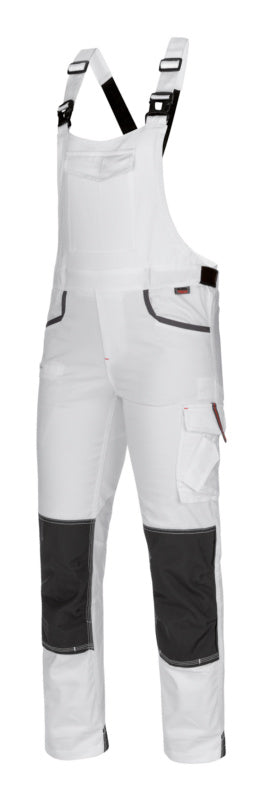 Weiße Damen-Arbeitslatzhose mit Stretchmaterial und mehreren praktischen Taschen.