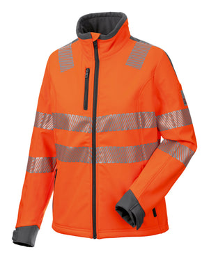 Neonorange Warnschutz-Softshelljacke für Damen mit Kapuze und reflektierenden Elementen.