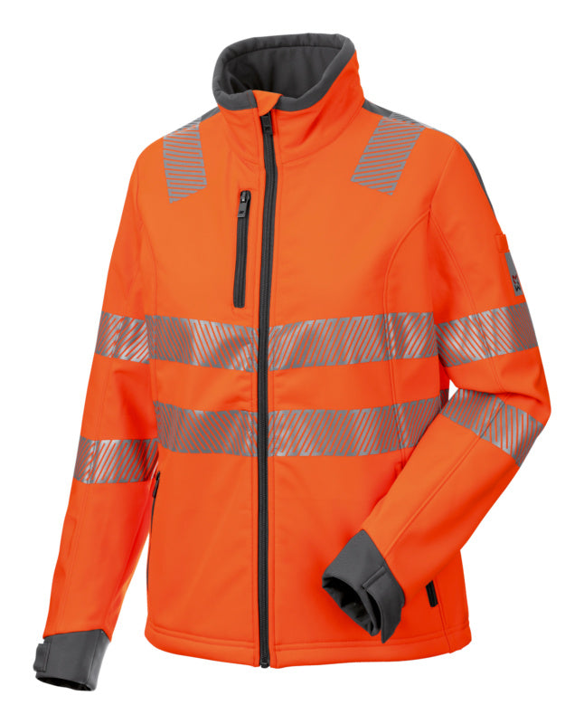 Neonorange Warnschutz-Softshelljacke für Damen mit Kapuze und reflektierenden Elementen.