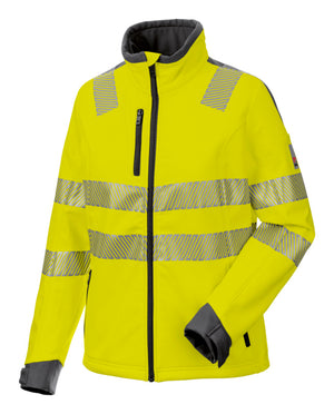 Neon gelbe Warnschutzjacke aus Softshell mit reflektierenden Streifen und praktischen Taschen.