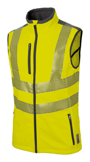 Neongelbe Warnschutzweste mit reflektierenden Streifen für hohe Sichtbarkeit und Sicherheit.