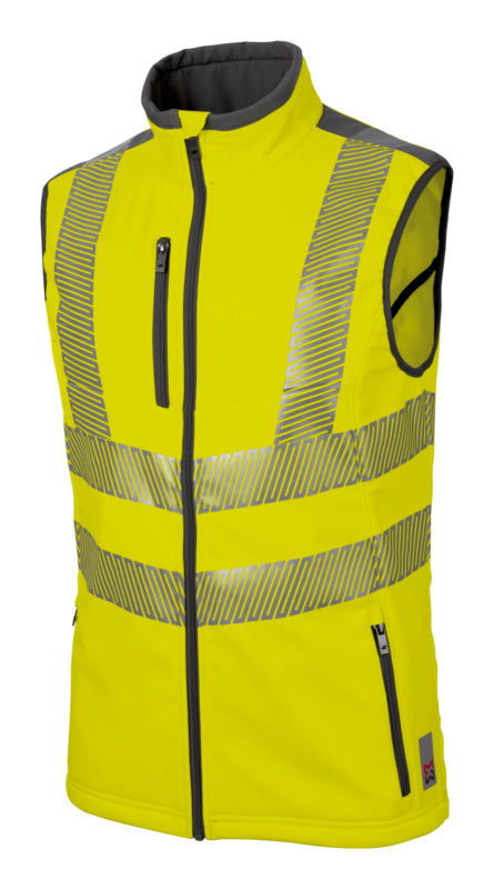 Neongelbe Warnschutzweste mit reflektierenden Streifen für hohe Sichtbarkeit und Sicherheit.