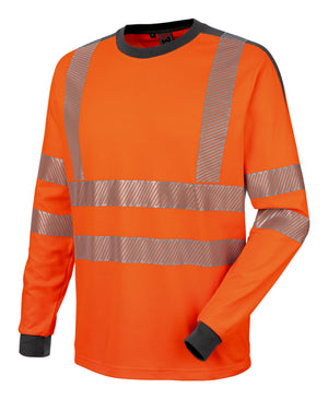 Langarm Warnschutzshirt in Neonorange mit Reflexelementen für erhöhte Sichtbarkeit.
