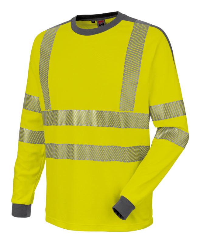 Langärmliges Warnschutzshirt in Neon Gelb mit reflektierenden Streifen für hohe Sichtbarkeit.