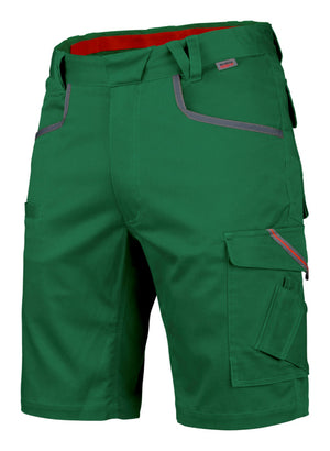 Grüne Arbeitsshorts mit Stretch, mehreren Taschen und klettverschlossener Gesäßtasche.