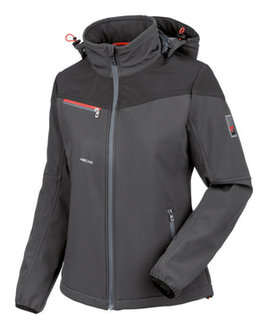 Anthrazitfarbene Damen-Arbeitsjacke aus Softshell mit Reißverschluss und mehreren Taschen.