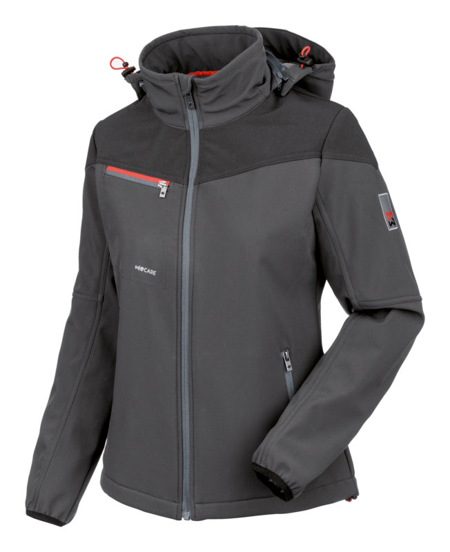 Anthrazitfarbene Damen-Arbeitsjacke aus Softshell mit Reißverschluss und mehreren Taschen.