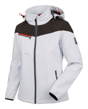 Weiße Damen-Arbeitsjacke Softshell Stretch mit Reißverschluss und mehreren Taschen.