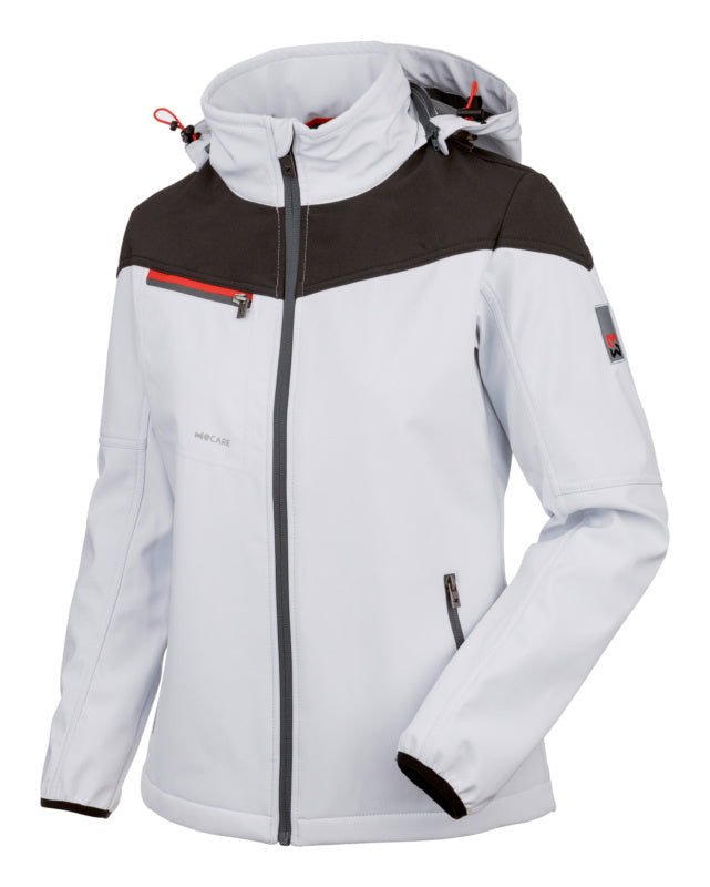 Weiße Damen-Arbeitsjacke Softshell Stretch mit Reißverschluss und mehreren Taschen.