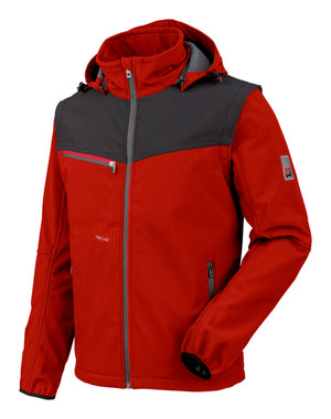 Rote Softshell-Arbeitsjacke mit Stretch, wind- und wasserabweisend, mit Reißverschlusstaschen.