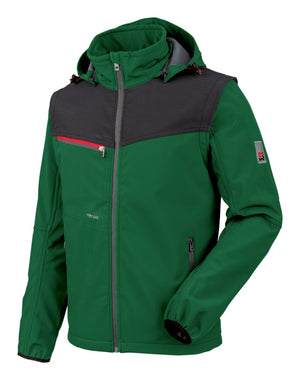 Grüne Softshelljacke mit verstellbarer Kapuze und mehreren Taschen für Werkzeuge.