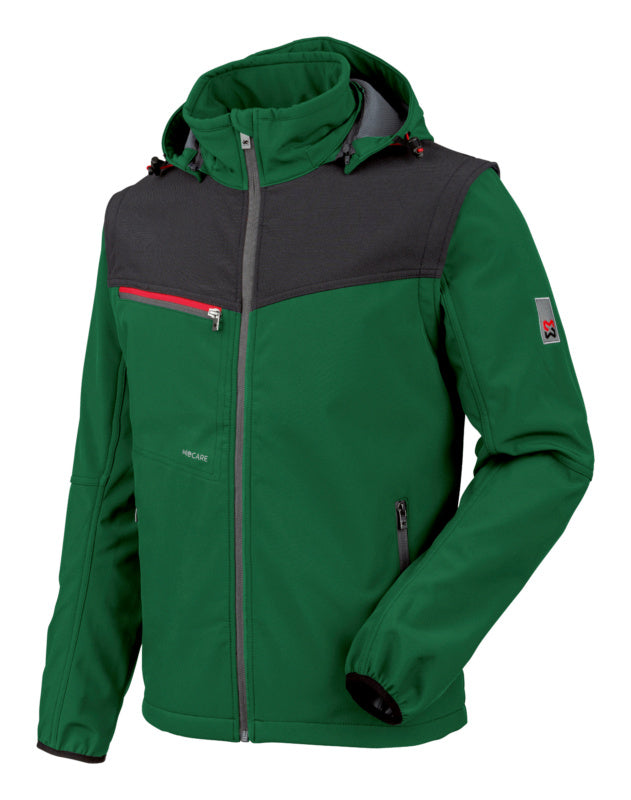 Grüne Softshelljacke mit verstellbarer Kapuze und mehreren Taschen für Werkzeuge.