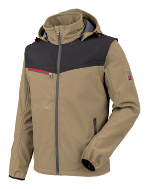 Beige Arbeitsjacke aus Softshell-Material mit elastischen Einsätzen und praktischen Taschen.