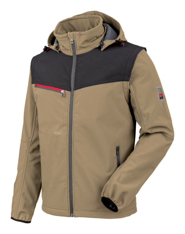 Beige Arbeitsjacke aus Softshell-Material mit elastischen Einsätzen und praktischen Taschen.