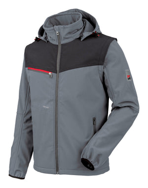 Graue Softshell-Arbeitsjacke mit Stretch, hohem Kragen und mehreren Reißverschlusstaschen.